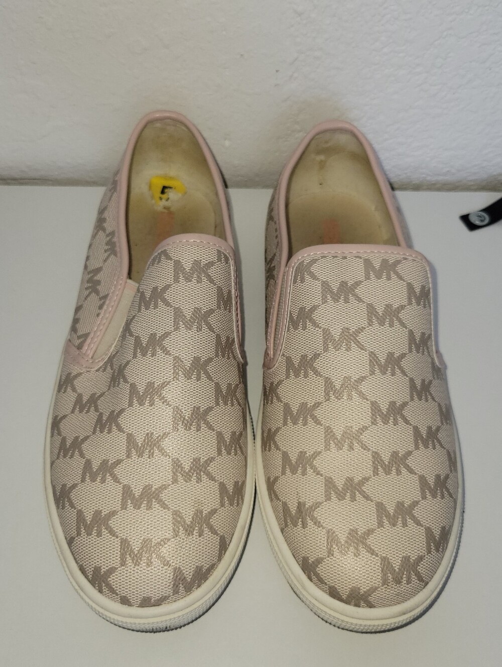 Michael Kors Beige Monogram Slip-On Loafers with Pink Trim